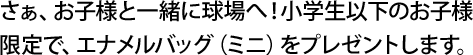 さぁ、お子様と一緒に球場へ！小学生以下のお子様限定で、エナメルバッグ（ミニ）をプレゼントします。