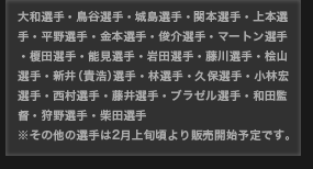 大和選手・鳥谷選手・城島選手・関本選手・上本選手・平野選手・金本選手・俊介選手・マートン選手・榎田選手・能見選手・岩田選手・藤川選手・桧山選手・新井選手・林選手・久保選手・小林選手・西村選手・藤井選手・ブラゼル選手・和田監督・狩野選手・柴田選手　※その他の選手は2月上旬頃より販売開始予定です。