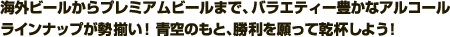 海外ビールからプレミアムビールまで、バラエティ豊かなアルコールラインナップが勢揃い! 青空のもと、勝利を願って乾杯しよう!